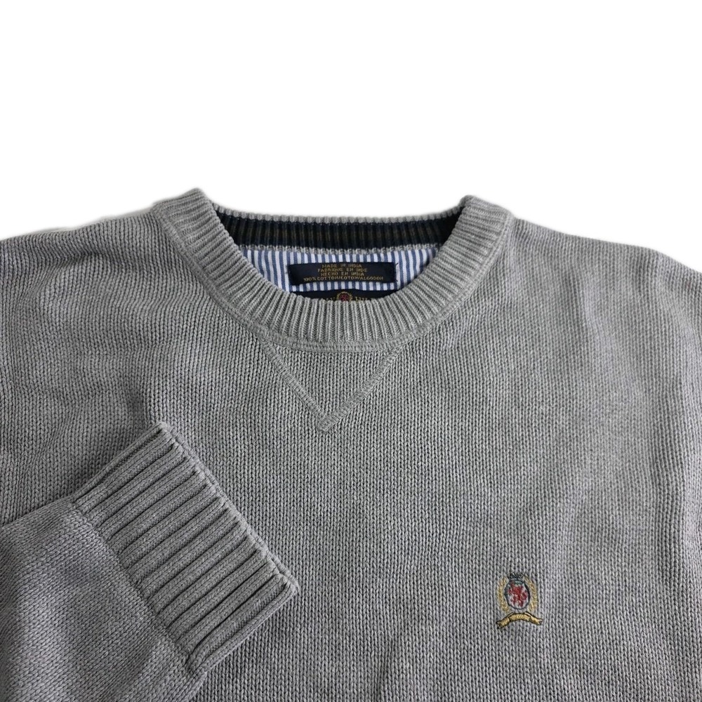 Vintage Tommy‎ Hilfiger Grey 100% Cotton Knit Crewneck Sweater with Crest Logo L